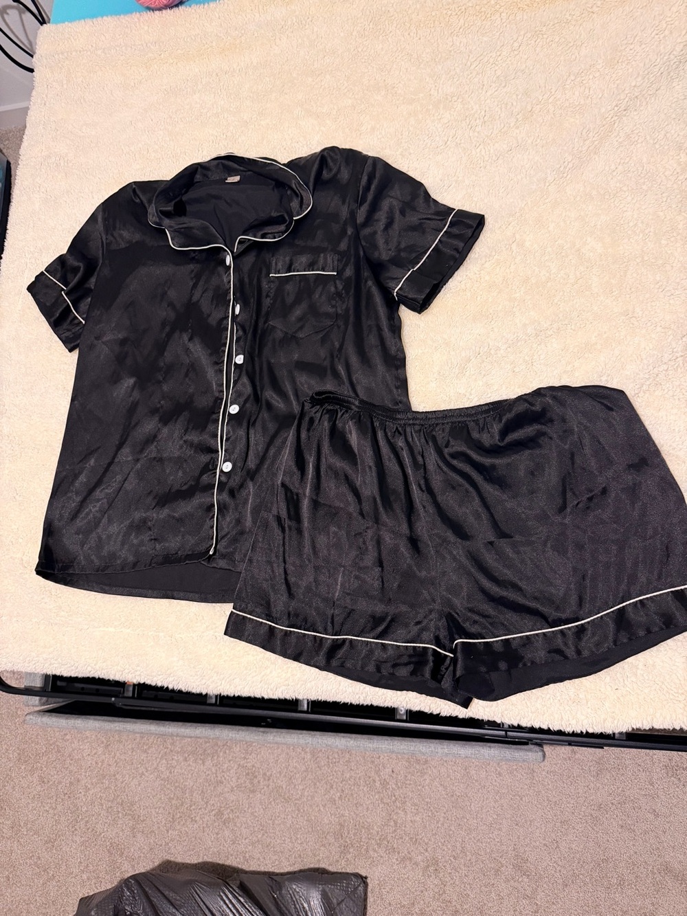 Black Short-Sleeve Satin Pajama Set with White Piping